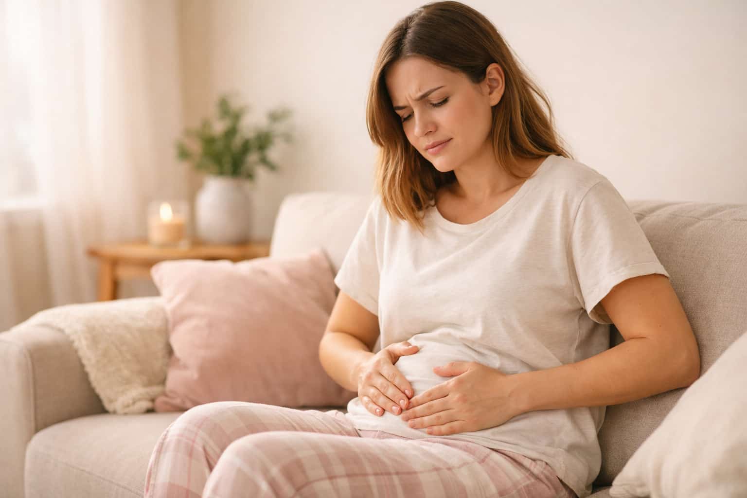 Woman sitting on couch holding her stomach due to PCOS bloating and digestive discomfort