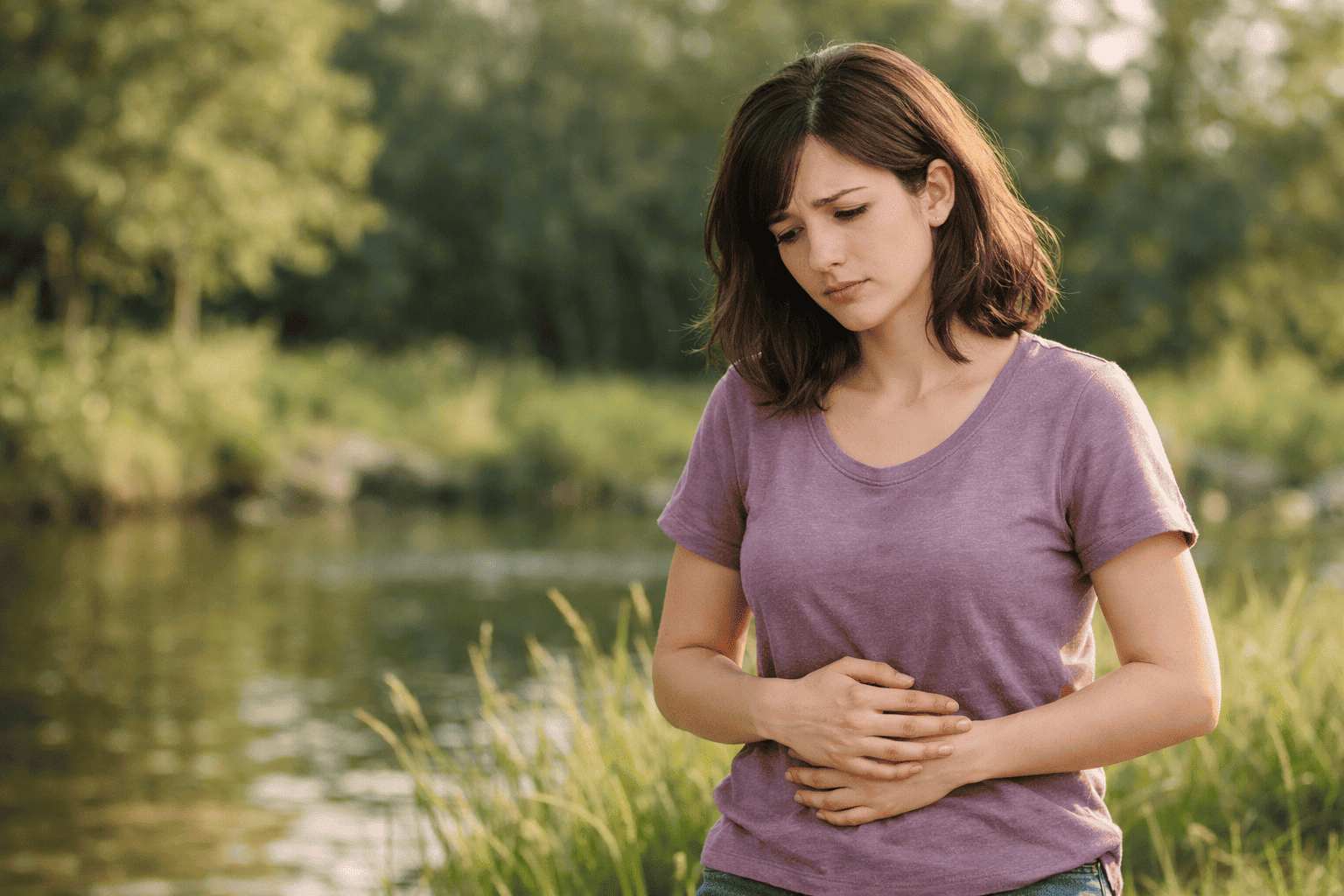 Woman with PCOS holding stomach showing hormone symptoms