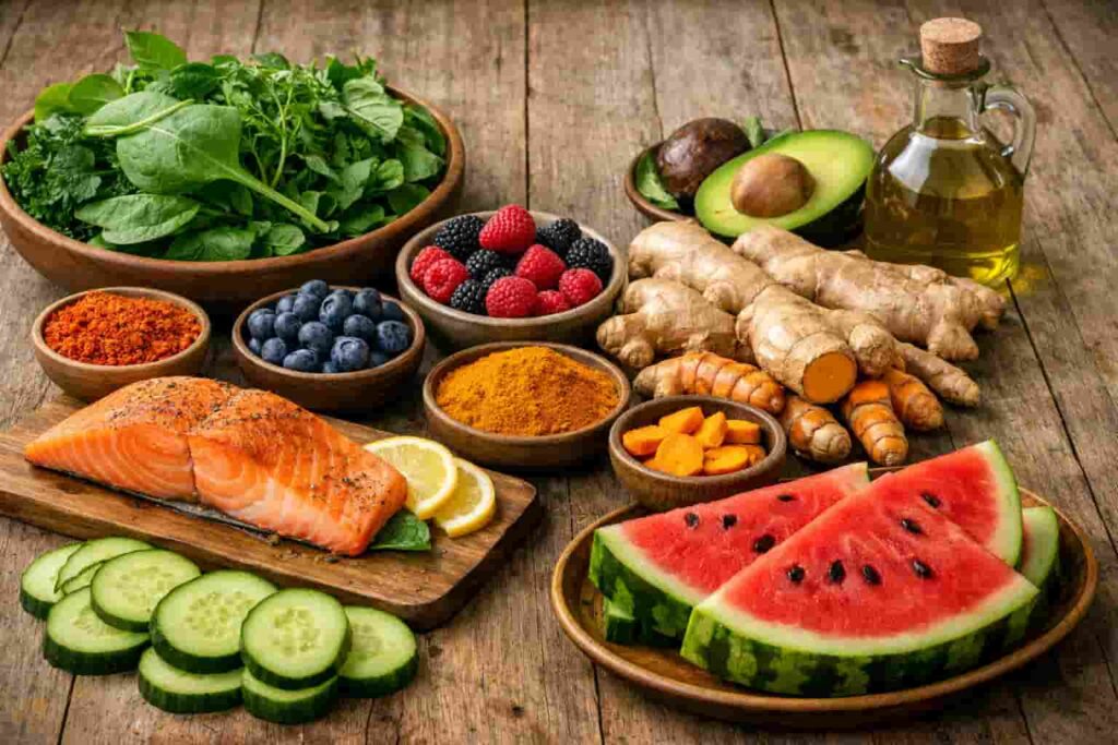 Healthy anti-inflammatory foods including salmon, ginger, turmeric, berries, leafy greens, cucumber, watermelon, and olive oil to help reduce PCOS bloating