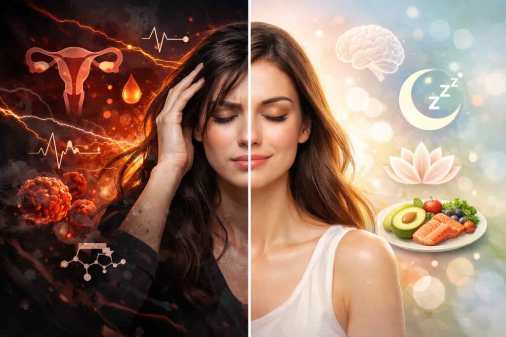 Split image showing a woman with PCOS symptoms on one side (stress, hormonal imbalance) and a healthier version representing PMOs with balanced lifestyle and improved metabolic health