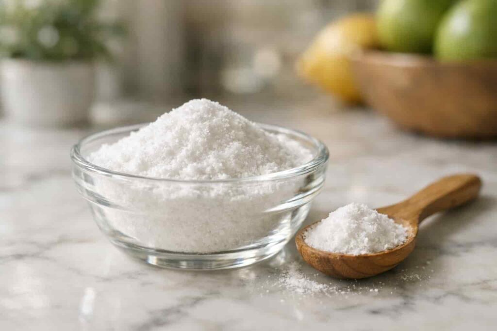 Close-up of inositol powder in a glass bowl with spoon, representing a natural supplement used for PCOS and hormonal balance